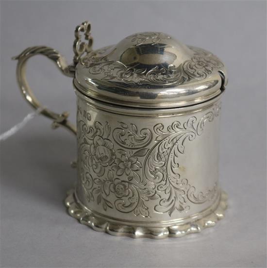 A Victorian engraved silver mustard pot, John Keith, London, 1850, 79mm.